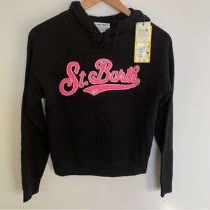 MC2 St Barth Wool Cashmere Blend Knit Hooded Crop Sweater Hot Pink Spell Out